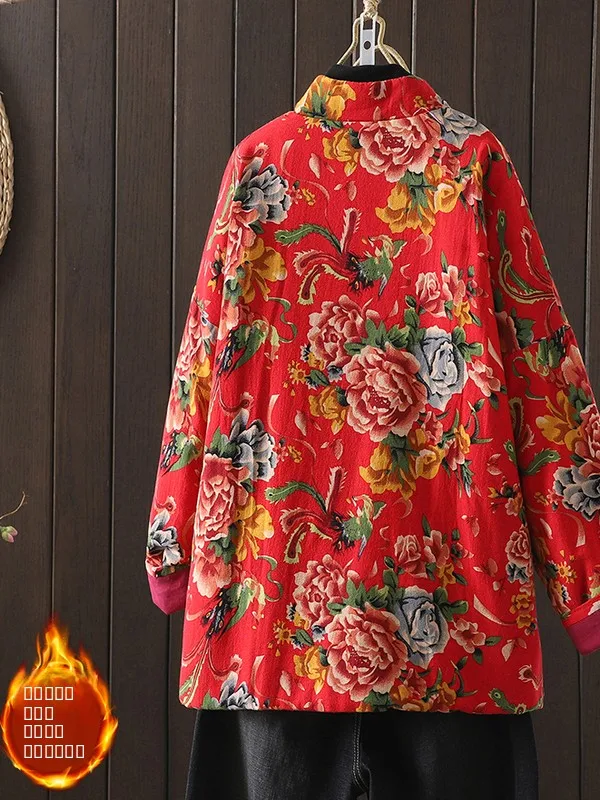 Hiver femmes ethnique Sle coton lin Jaet col montant bouton avant coupe ample manteau Thiened Long Sve imprimé fleuri