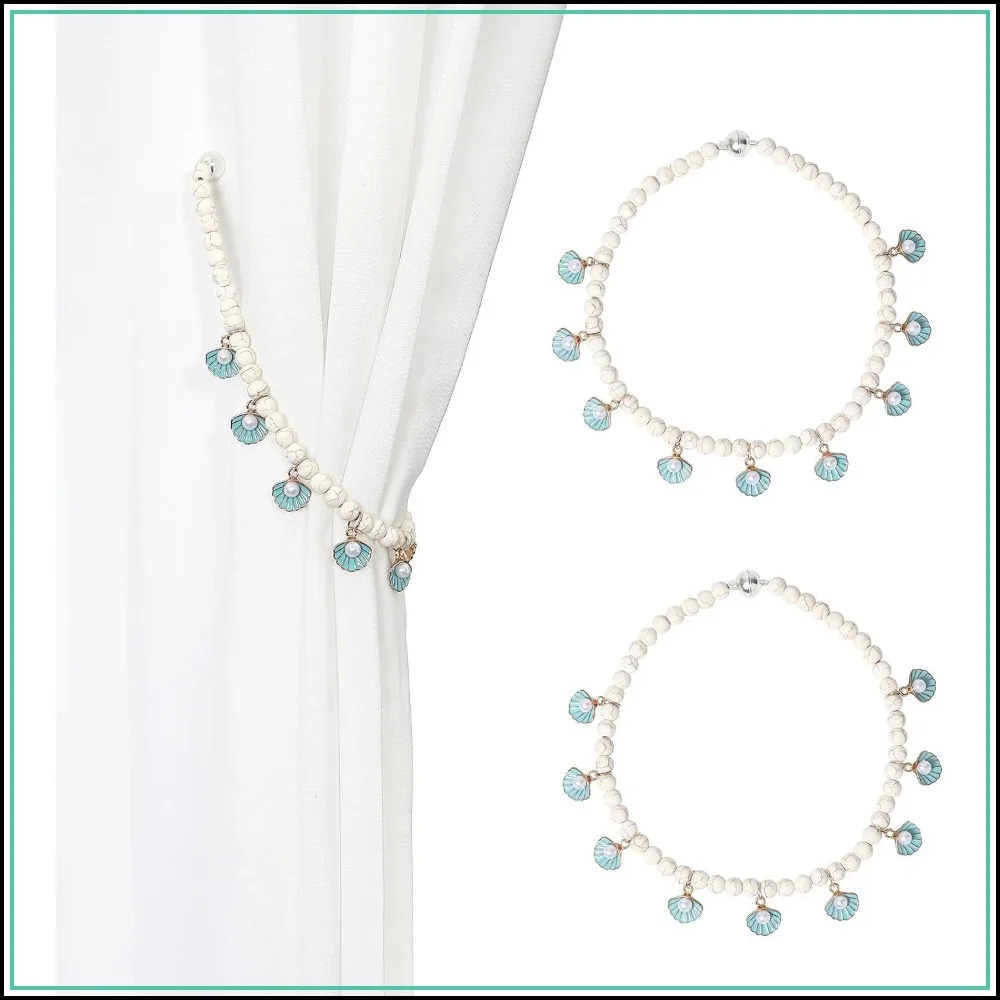 Ocean Theme Coastal Seashell Beaded Magnetic Curtain Tiebacks with Conch Decorations