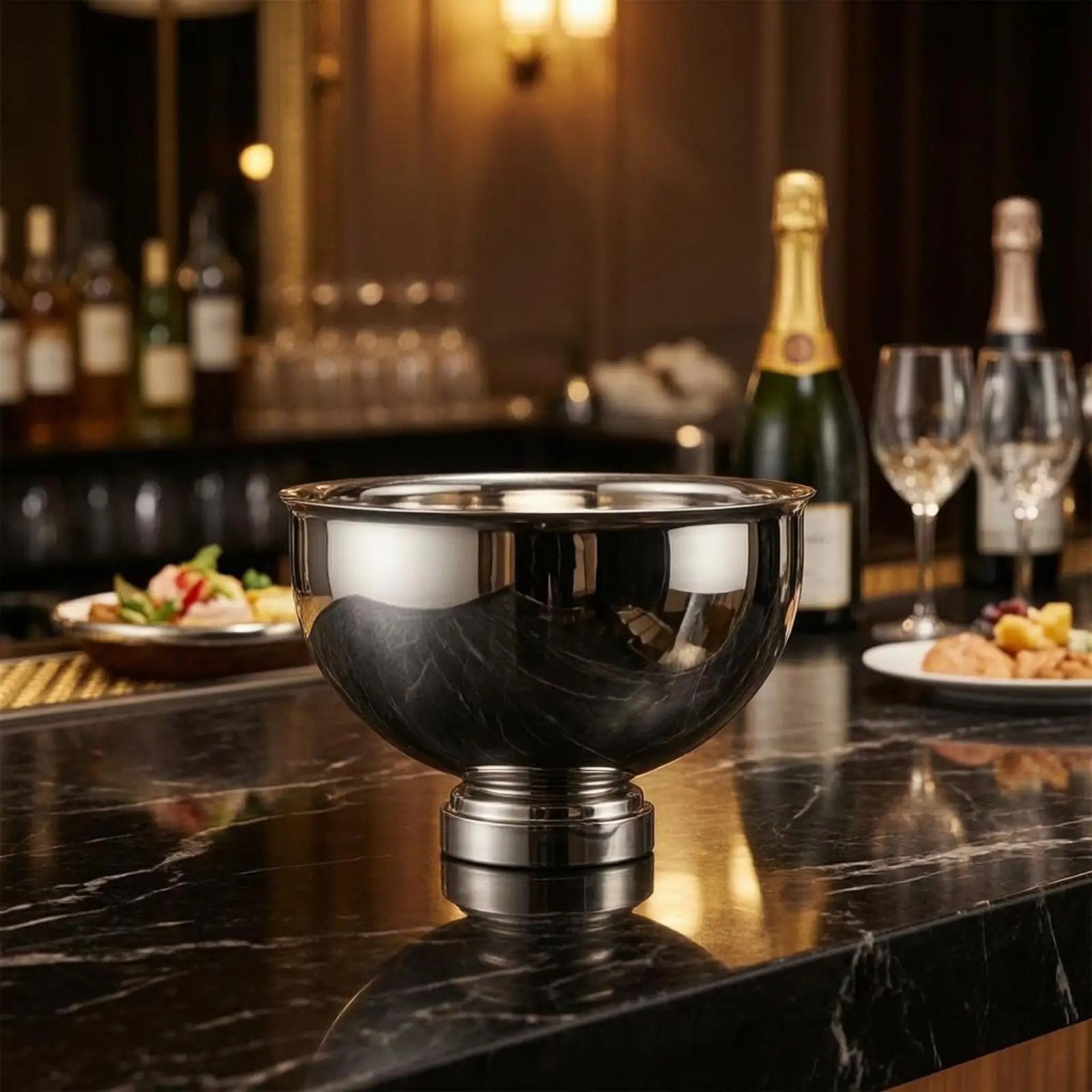 Durable Steel Ice Bucket for Champagne and Wine Round Bowl Shape with Glossy Finish Raised Pedestal Base for Serving