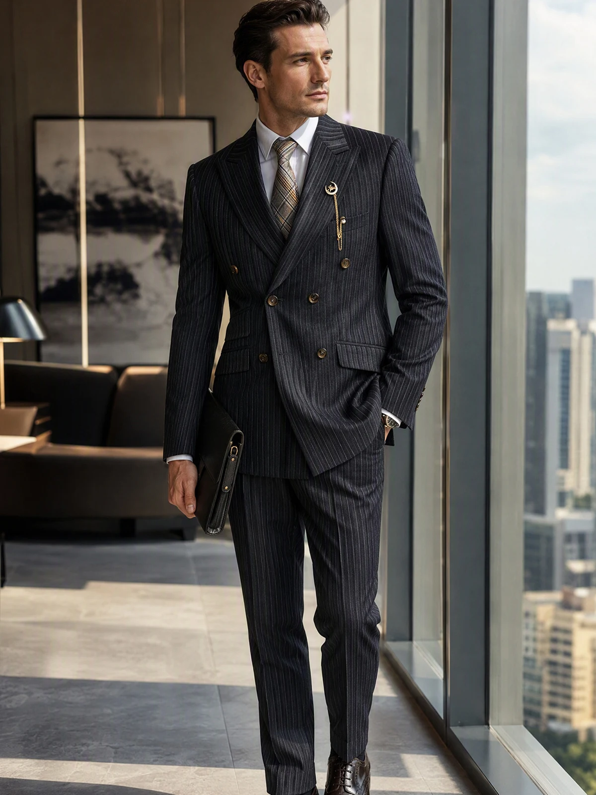 Immagine 4: Completo da uomo a righe, composto da due pezzi, doppiopetto, con motivo a righe sottili nere, taglio italiano, stile britannico, giacca e pantaloni eleganti di alta qualità.