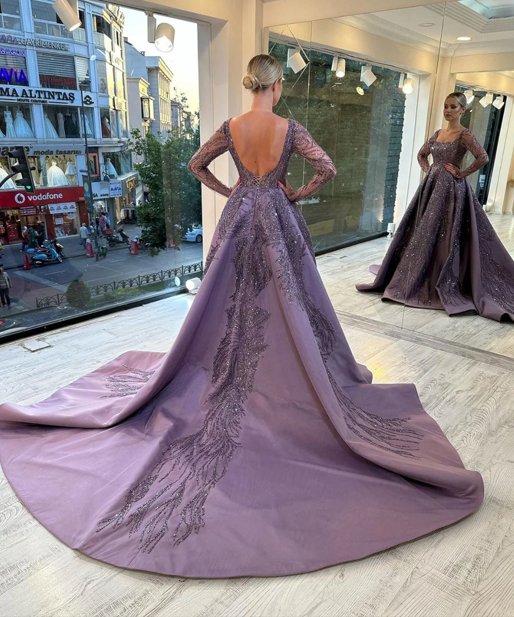 Purple Luxury Square Neck Wedding Dress Long Sleeves Backless Split Side Sweep Train Vintage Bridal Gown