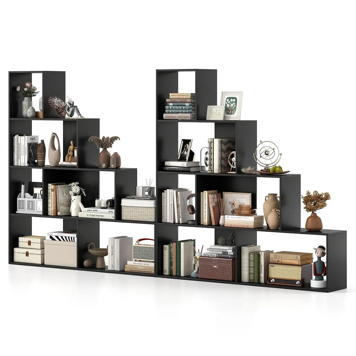 6-Cube Geometric Bookshelf 2-Pack, 4-Tier L-Shaped Freestanding Corner Display Shelf w/Anti-Toppling Kits, Modern Etagere for Li