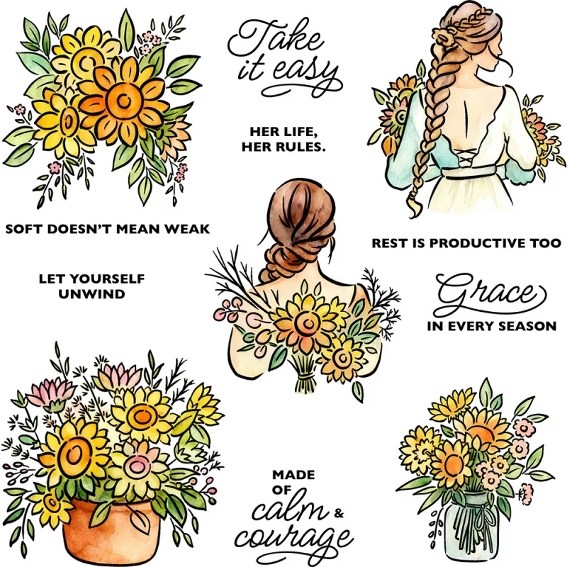 

Sunflower Woman Silicone Transparent Clear Stamp Embossing Carbon Steel Cutting Dies for Journal Decoration Pattern