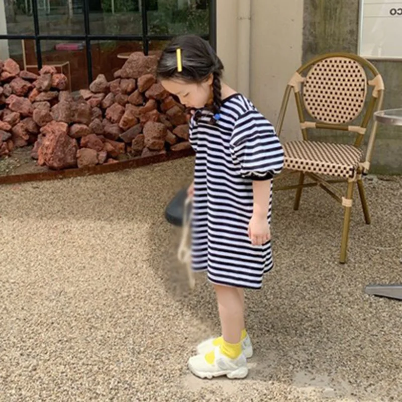 Toddler Girls Striped Dress O-neck Loose T-shirt Dress Children Outfits Half Puff Sleeve Long Length Pullover 3-8T