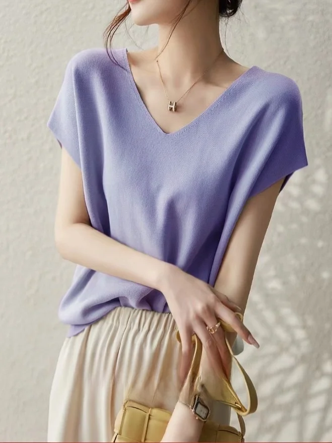 

plus Size Women's T-irt Ice Silk Knitted ort Sve Batwing Sve V-Ne Loose Fit Summer Top Belly Covering Commute Sle