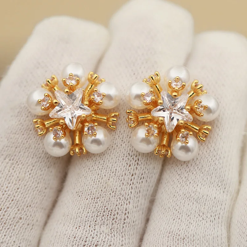 New Sight Design Unique Crystal Star Earrings for Women Fashion Brand Jewelry Classic Pearl Beads Flower Earrings