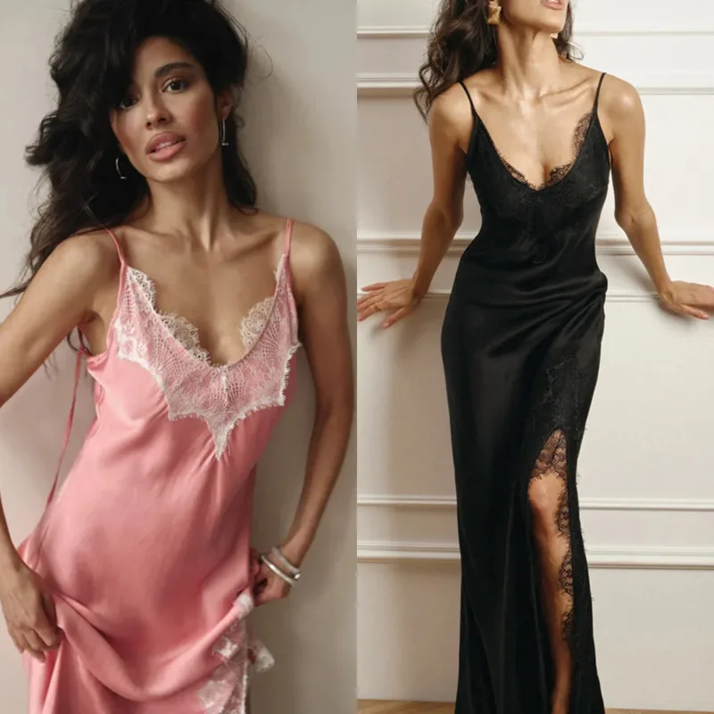 

2025 Summer Women's Long Dress Sexy Lace Patchwork Spaghetti Strap V-neck Lace Up Backless Empire Club Dress Elegant Beach Style