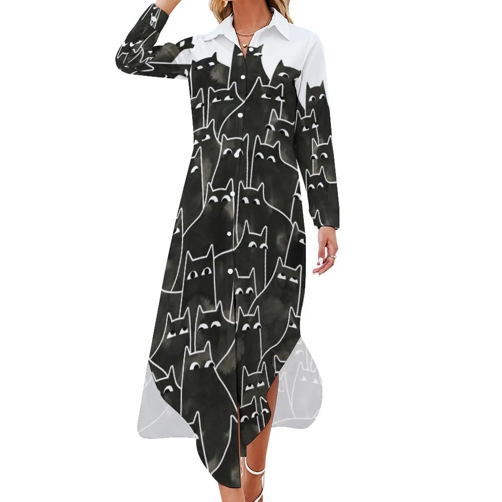 

Suspicious Cats Long Sleeved Shirt Dress evening dress women summer dress