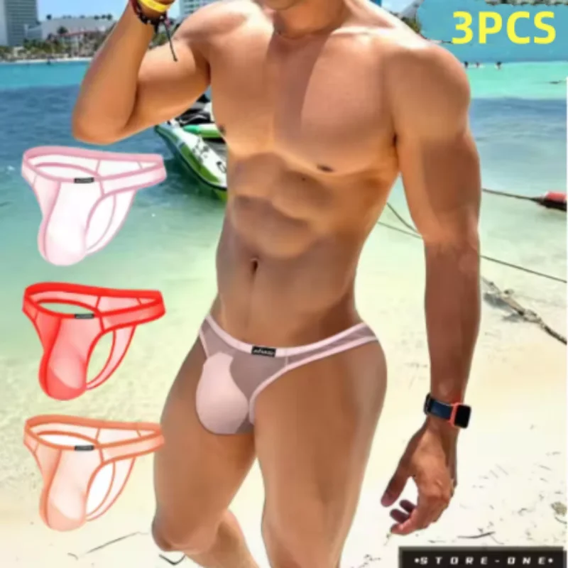 ADANNU 3 PCS Men's Sexy Low-Rise Transparent Underwear Bulge Pouch Solid Breathable Briefs Thongs