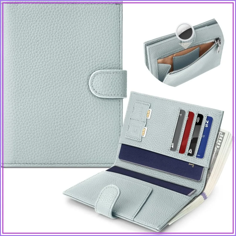 

Genuine Leather Passport Holder with Hidden Airtag Pocket, RFID Blocking, Zippered Coin Pocket & Cash Compartment Travel Gift - Blue