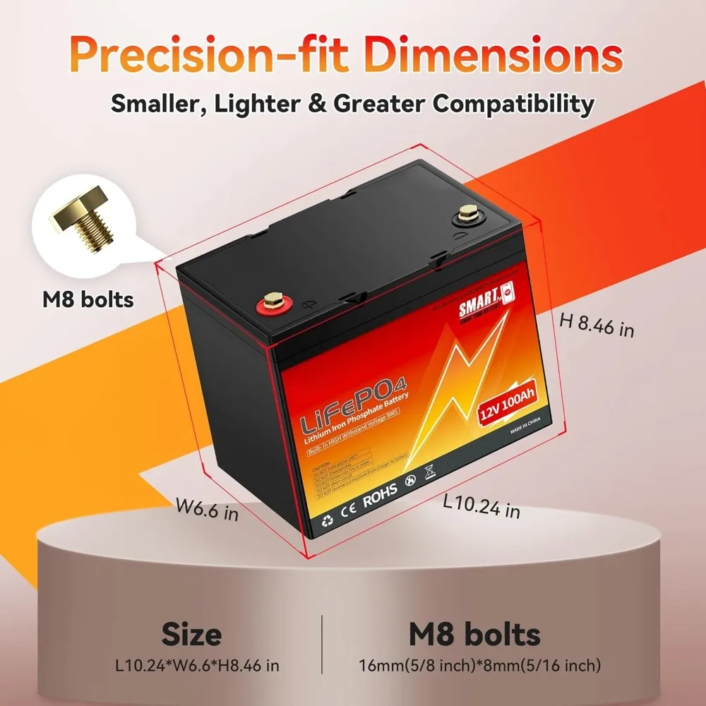 12V 100Ah LiFePO4 Lithium Battery with Bluetooth- Built-in BMS, Low-Temp Protection, 5000+Cycles -Grade A Lithium Iron Phosphate