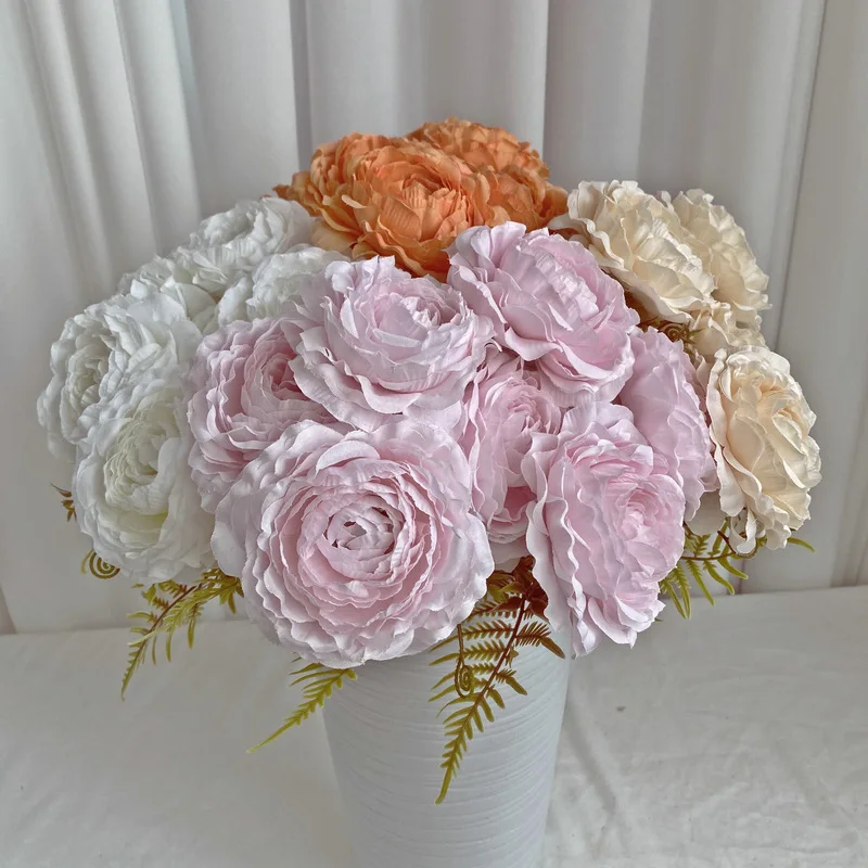 Silk Simulation Flowers Peony Bouquet Wedding Bride Floral Balcony Garden Decoration Fake Flower Orange White Peonys Artificial