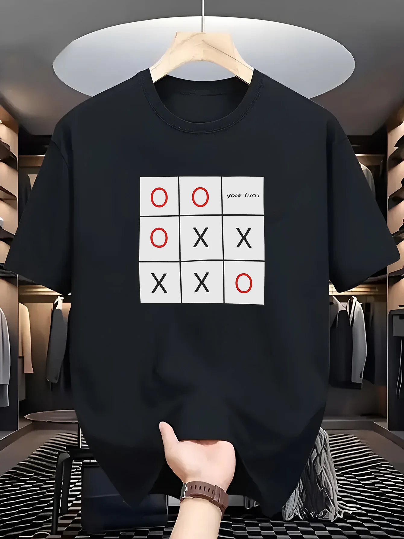 Men Navy Blue Crew Neck Tee White Square Tic Tac Toe Board Red O Black X Your Turn Funny Classic Board Game Casual Cotton Tops