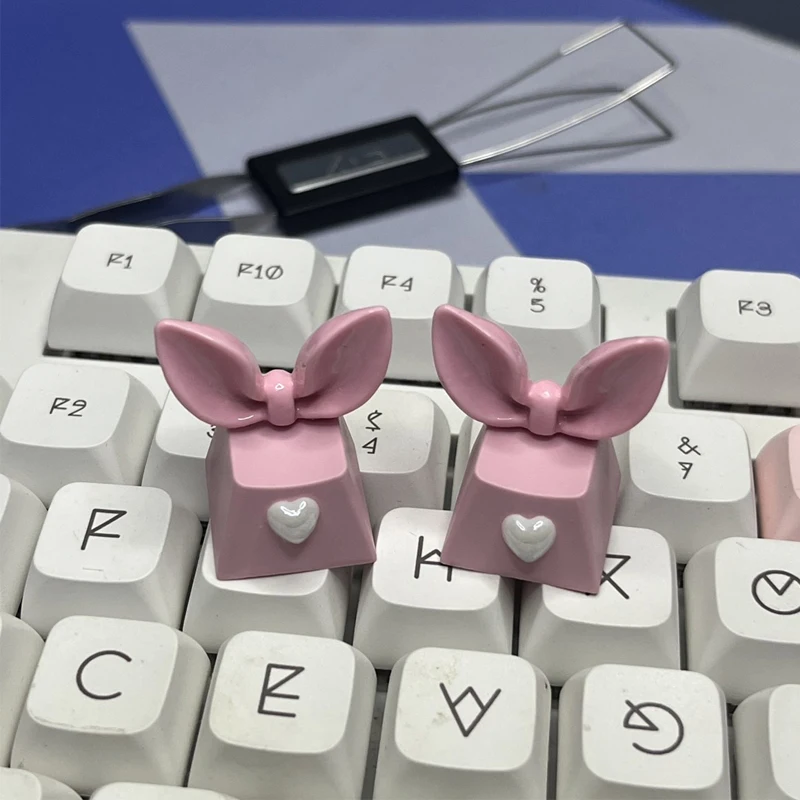 Três dimensional Bowknot teclado mecânico Keycap, orelha de coelho rosa, botão do computador, R4 ESC, eixo transversal, bonito