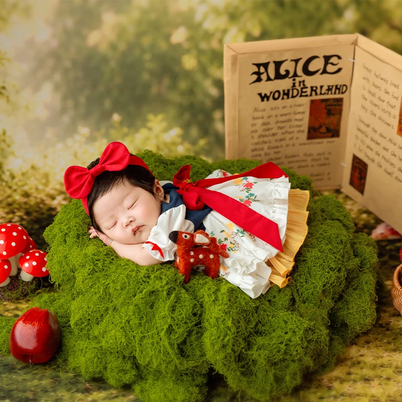 Princess Style Newborn Baby Girl Photoshoot Outfit 0-1 Month Ruffle Hem Dress & Red Bow Headband Set Studio Photography Props