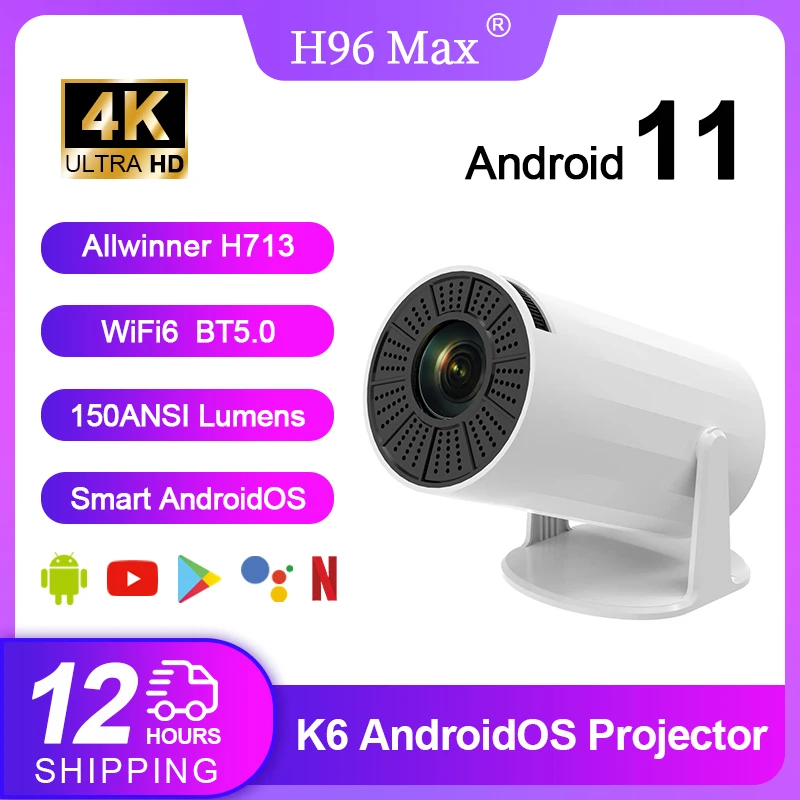 H96 MAX k6 Smart Projector Android11.0 wifi 6 BT 4.2 Allwinner H713 1G 8G 720P 4K 1.2-4m Projection Distance For Home Projector