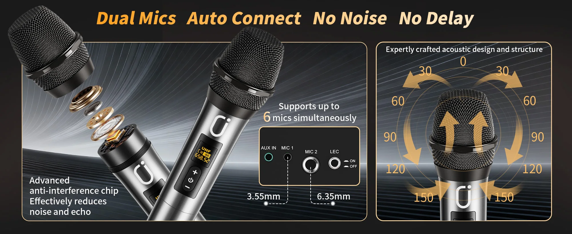69-black Karaoke-Maschine mit 2 UHF-Funkmikrofonen, Bluetooth-Lautsprecher mit Bass-/Höhenregelung und LED-Licht, PA-System – Detail 6