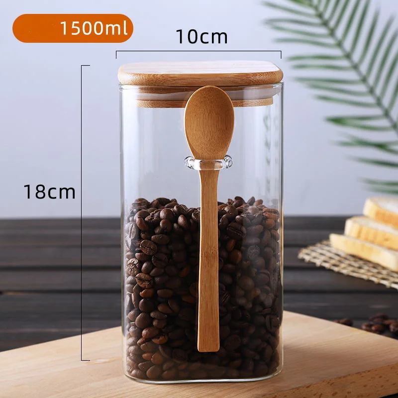 Récipient de stockage en verre carré avec cuillère et couvercle en bambou, récipient de cuisine pour aliments, grains de café, 1-1,5 l