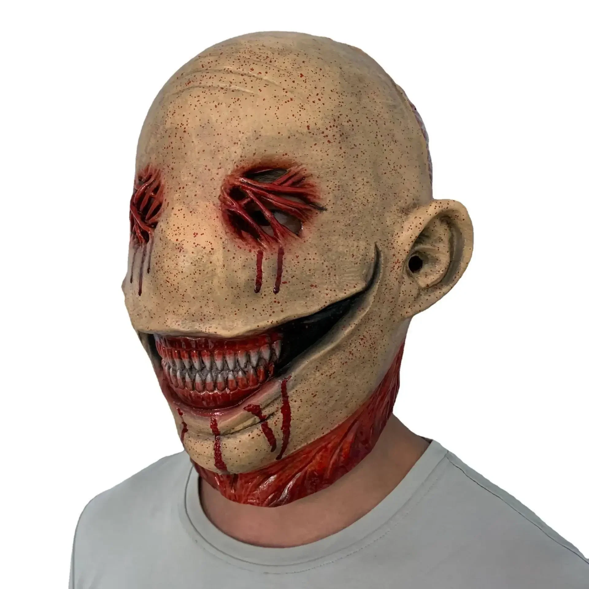 Máscara de payaso aterrador sin ojos, disfraz de fiesta de Cosplay de Halloween, conjunto de cabeza completa, accesorios de vestido de mascarada de carnaval Unisex