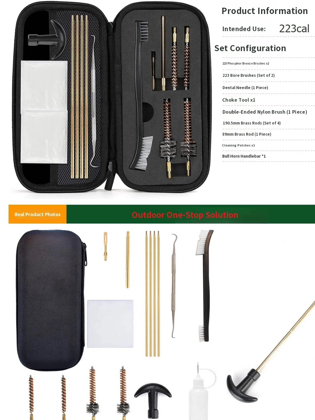 Cleaning kit for 223 caliber firearms featuring 14 specialized tools including bore brushes, jag tips, cleaning rods, patches