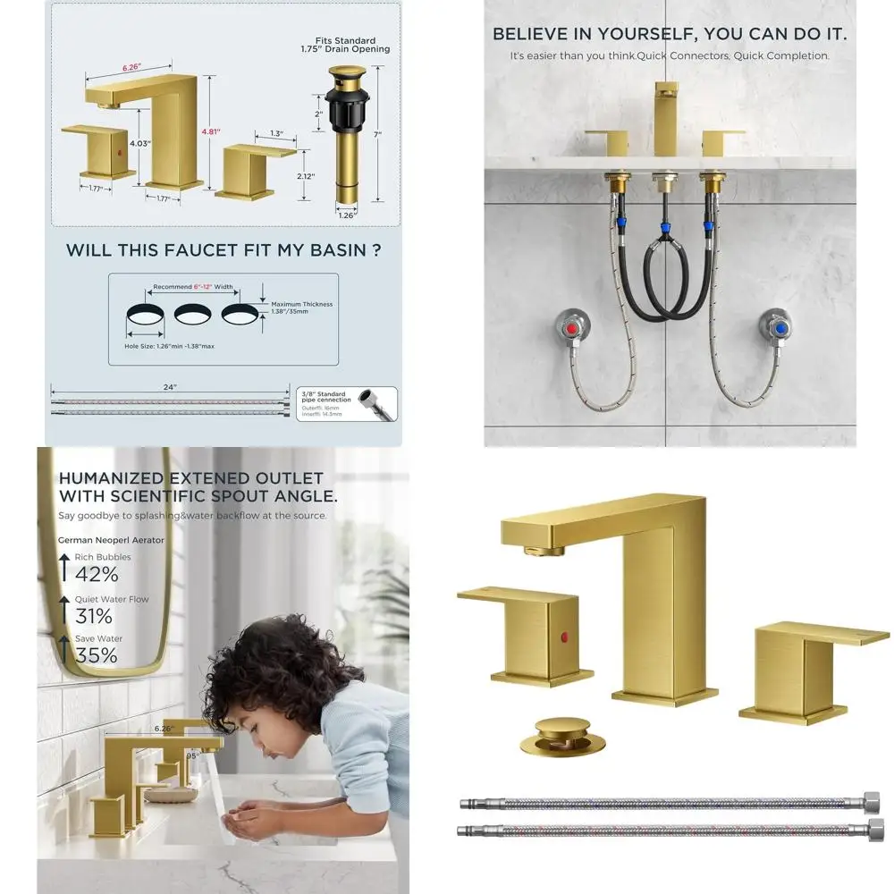 

Square 2-Handle 8 Widespread Lead-Free Gold Bathroom Faucet for 6-12 Sinks with Pop-Up Drain and 24 Supply Hoses