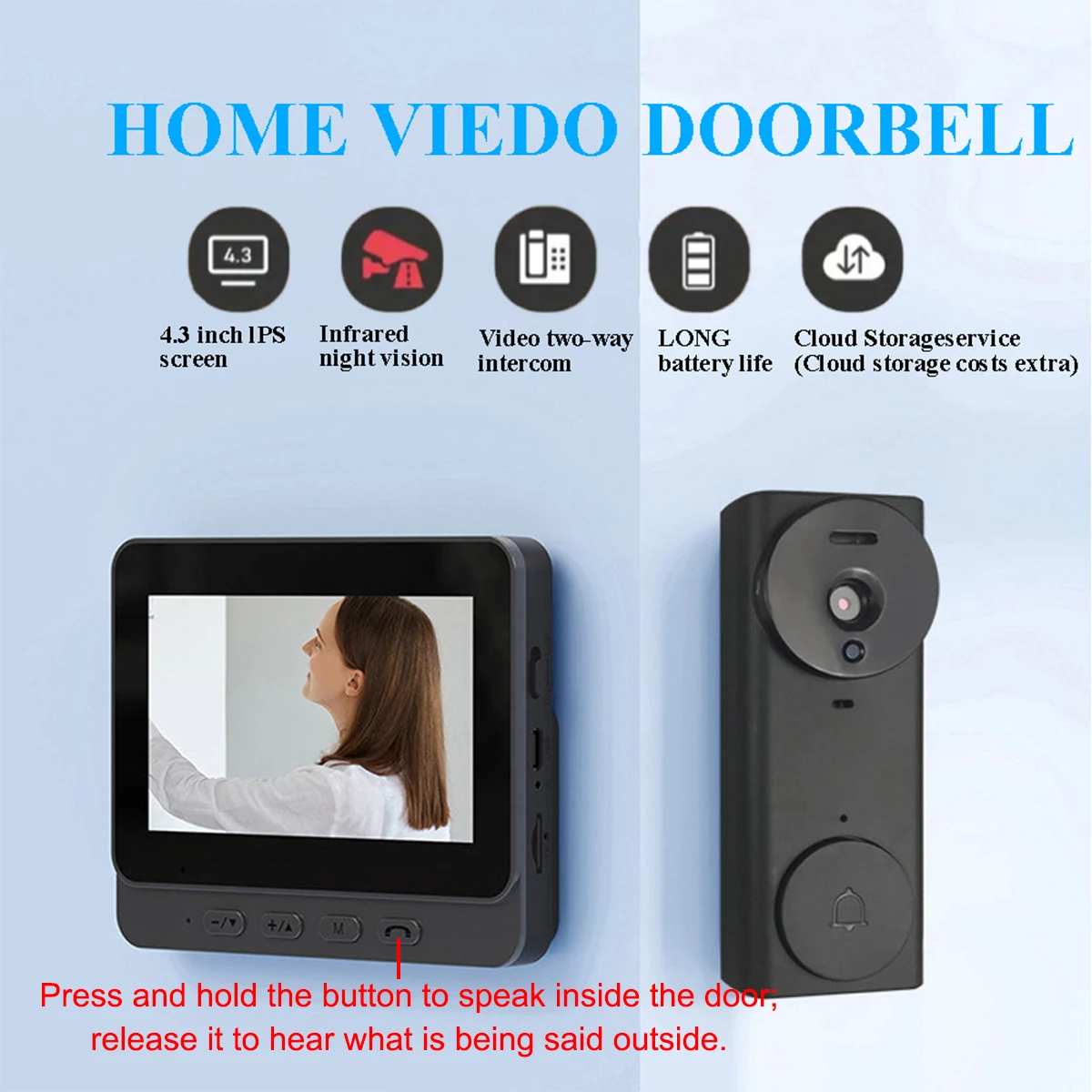 

Видеодомофон с камерой, 4,3-дюймовая видеокамера для дверного звонка, система внутренней связи с двусторонней аудиосвязью, камера видеонаблюдения для дома