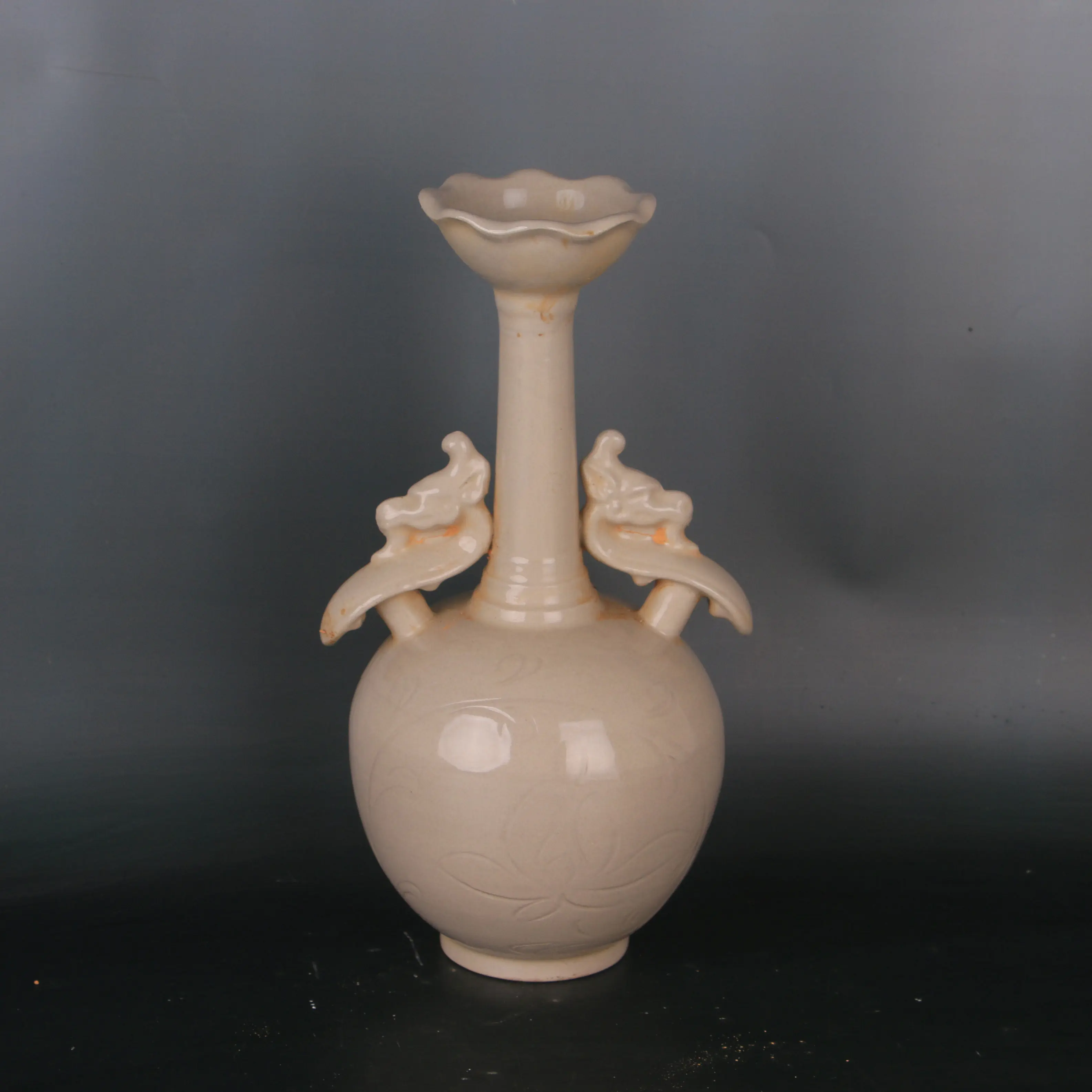 Song Dynasty Ding Kiln Double Ear Flared Mouth Vase Antique Style Porcelain Curio Cabinet Decor Collectible