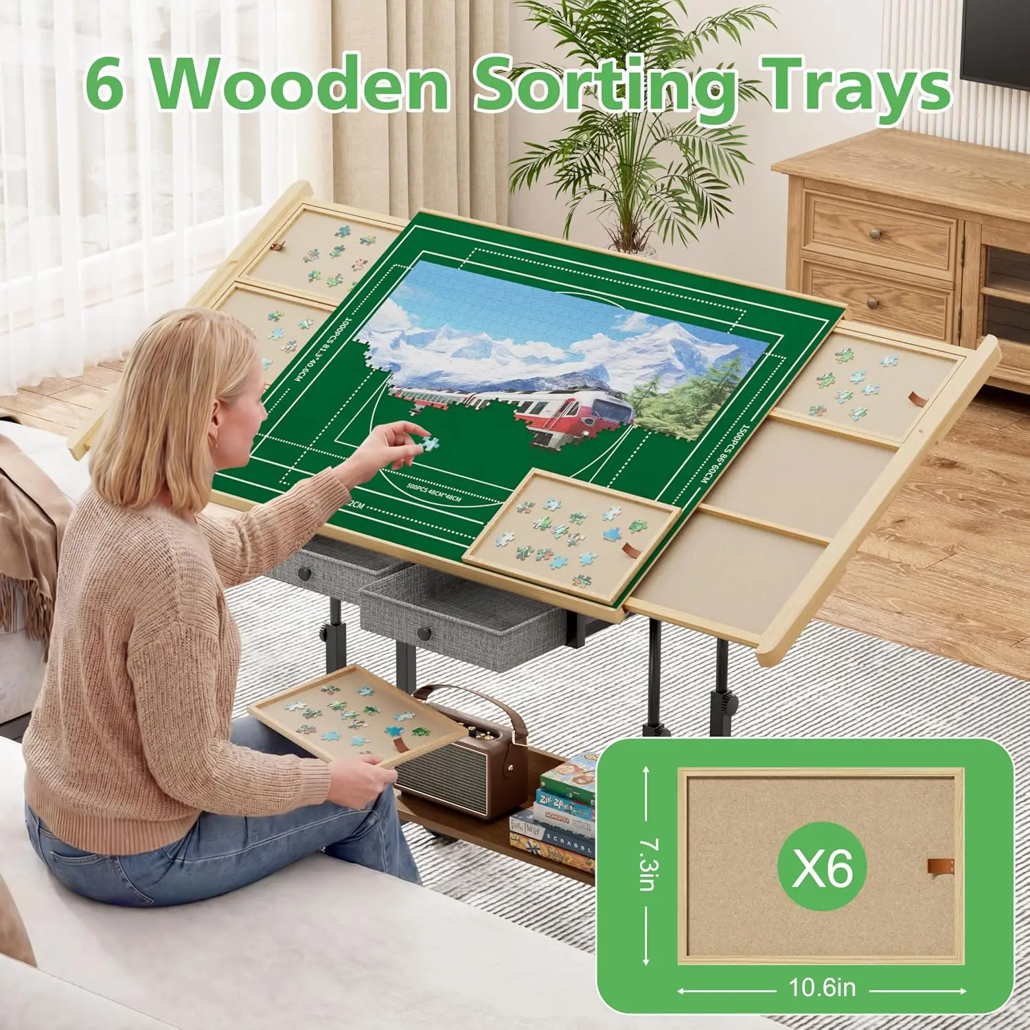 1500 Pieces Puzzle Table with Drawers and Adjustable-Height Legs