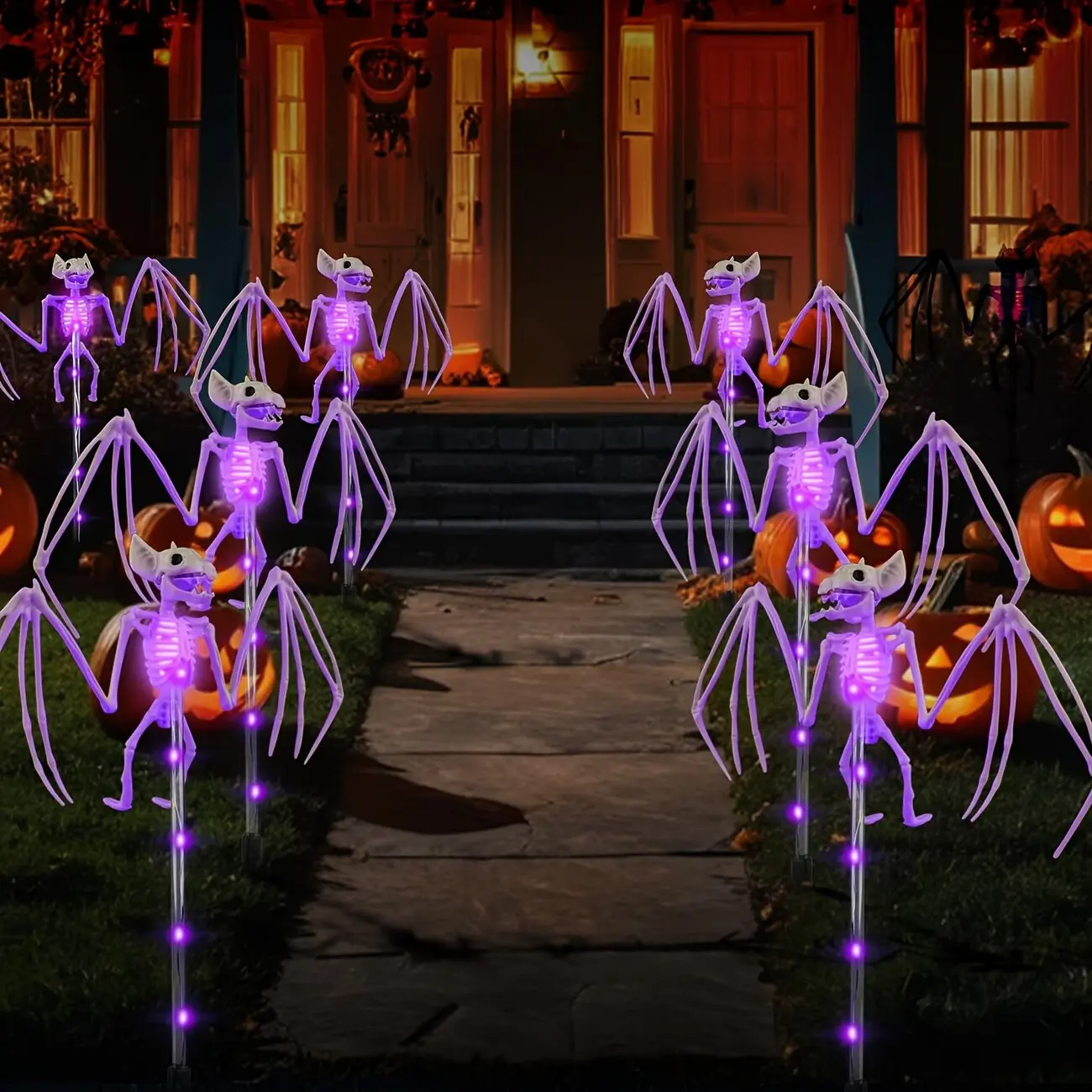 Image of 2-teiliges Set Halloween Solar-Gartenleuchten, Wasserdichte 3D Horror-Fledermaus-Skelett-Lichter in Lila und Orange, Deko für Hauspartys