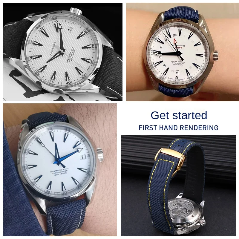 Blue nylon leather strap For Omega New Seamaster 300 Super Master AT150 Fabric Leather AQUA TERRA men's strap 19mm 20mm