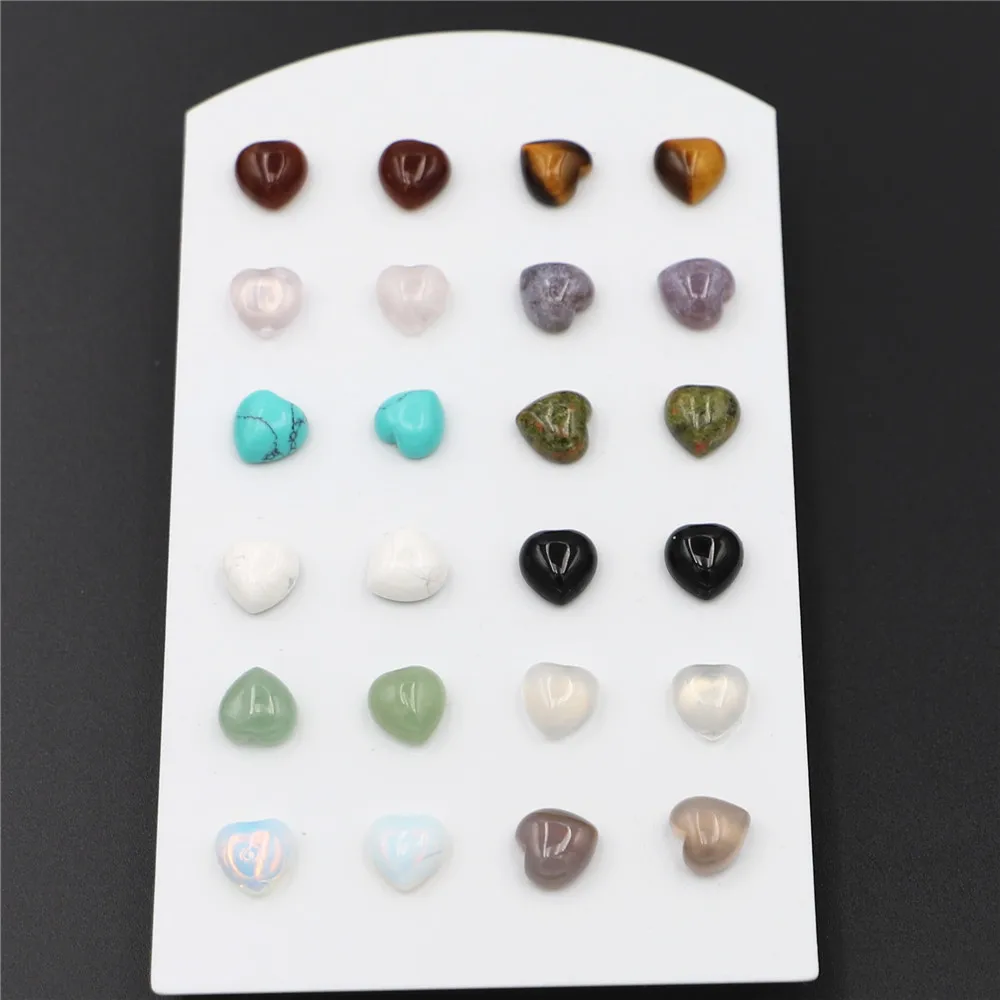 

New Simple Trendy Geometric 8*8mm Natural Stone Stud Men Earrings Heart Mix Color for Women Fashion Cute Small Wholesale 12Pair