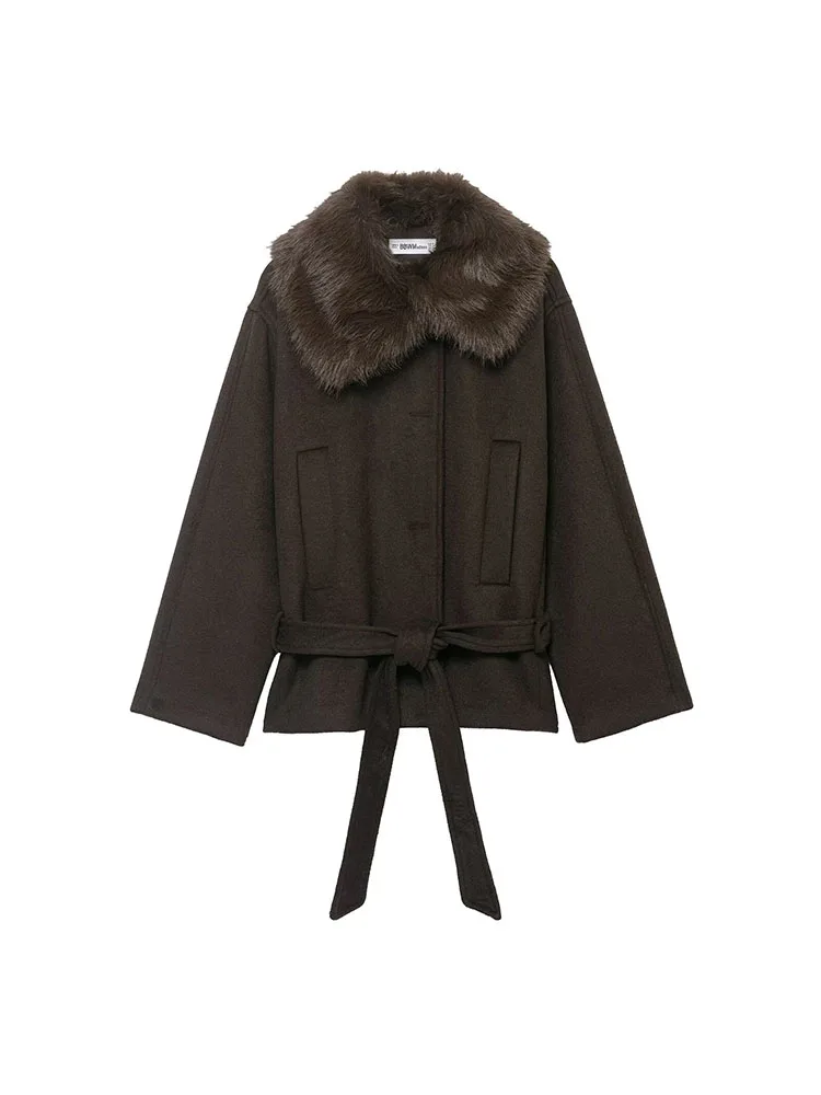 

HH Female Fashion Casual Coat Woman Winter Faux Fur Effect Lapel Long Sleeves Single Breasted Belt Pocket Decoration Coat Jacket