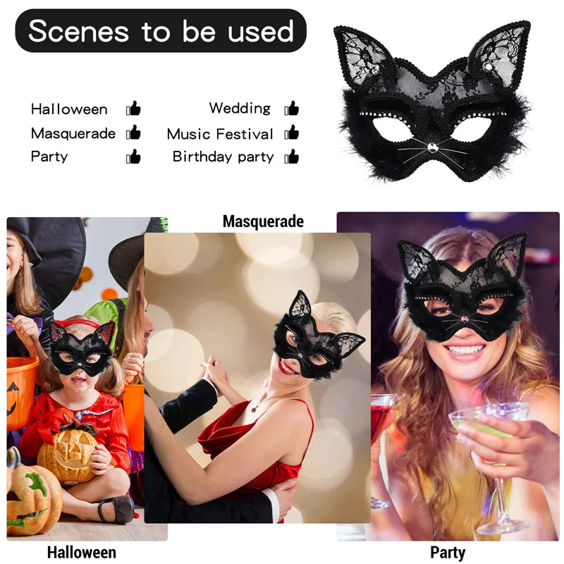 P-Jsmen Luxury Venetian Masquerade Mask Sexy Black Cat Lace Mask Fancy Dress Christmas Halloween Costume Party for Girls Women