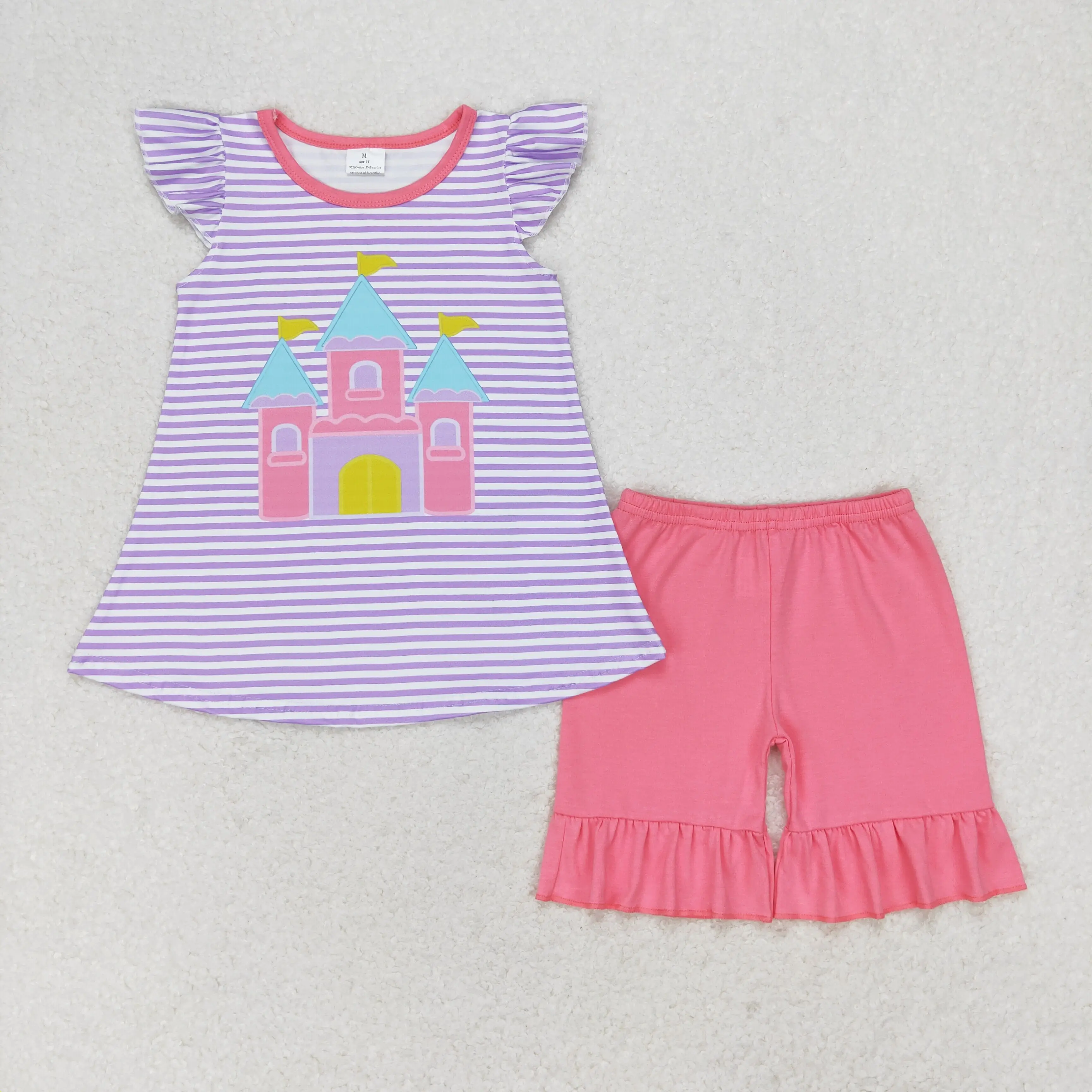 Boutique wholesale castle clothing for Toddler girls summer Outfits Baby Short Sleeves Top pink Shorts Kids new sets