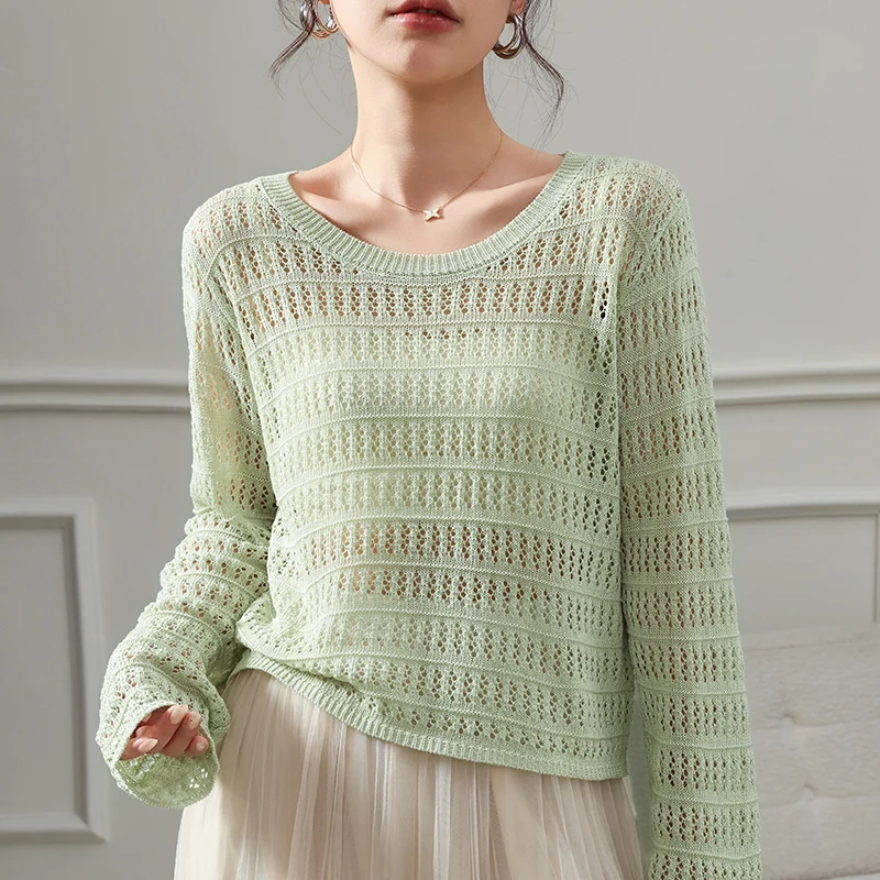 

Summer new women's O-neck hollowed out sweater computer knitted fashionable short style women's full sleeved pullover sweater