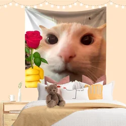 Tapestry Cute Cat Meme Printed Funny Animal Bedroom Dorm Decoration Wall Hanging Sofa Blanket Room Decor Aesthetic Kawaii Room