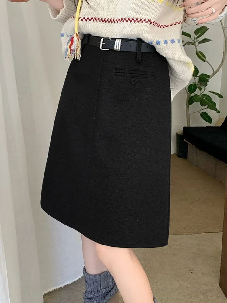 SMTHMA تنورة صوفية عصرية جديدة للخريف والشتاء عالية الخصر للتخسيس مع حزام