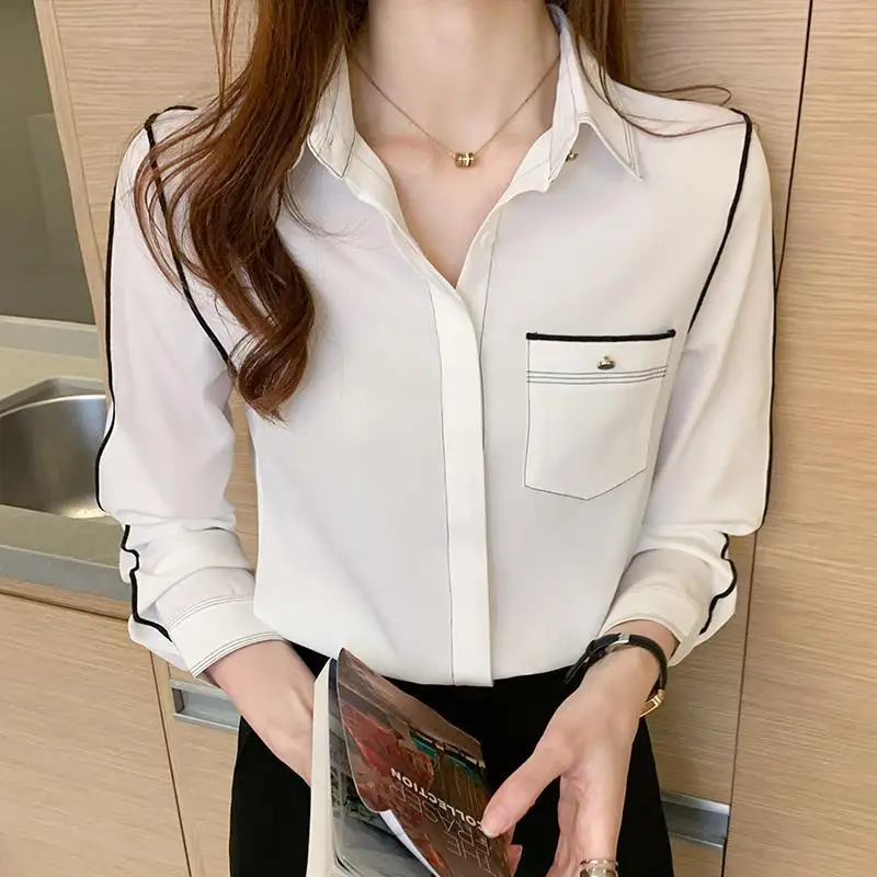 Fashion Lapel Spliced Button Pockets All-match Shirt Women\'s Clothing 2024 Spring Summer New Casual Tops Office Lady Blouse