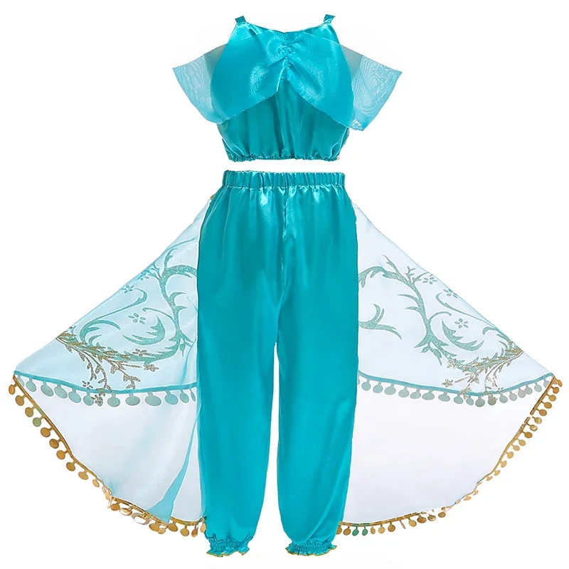 Girls Kid Summer Jasmine Princess Dance Dress Suit Aladdin Halloween Christmas Performance Costume Top Skirt Pant Two Piece Set