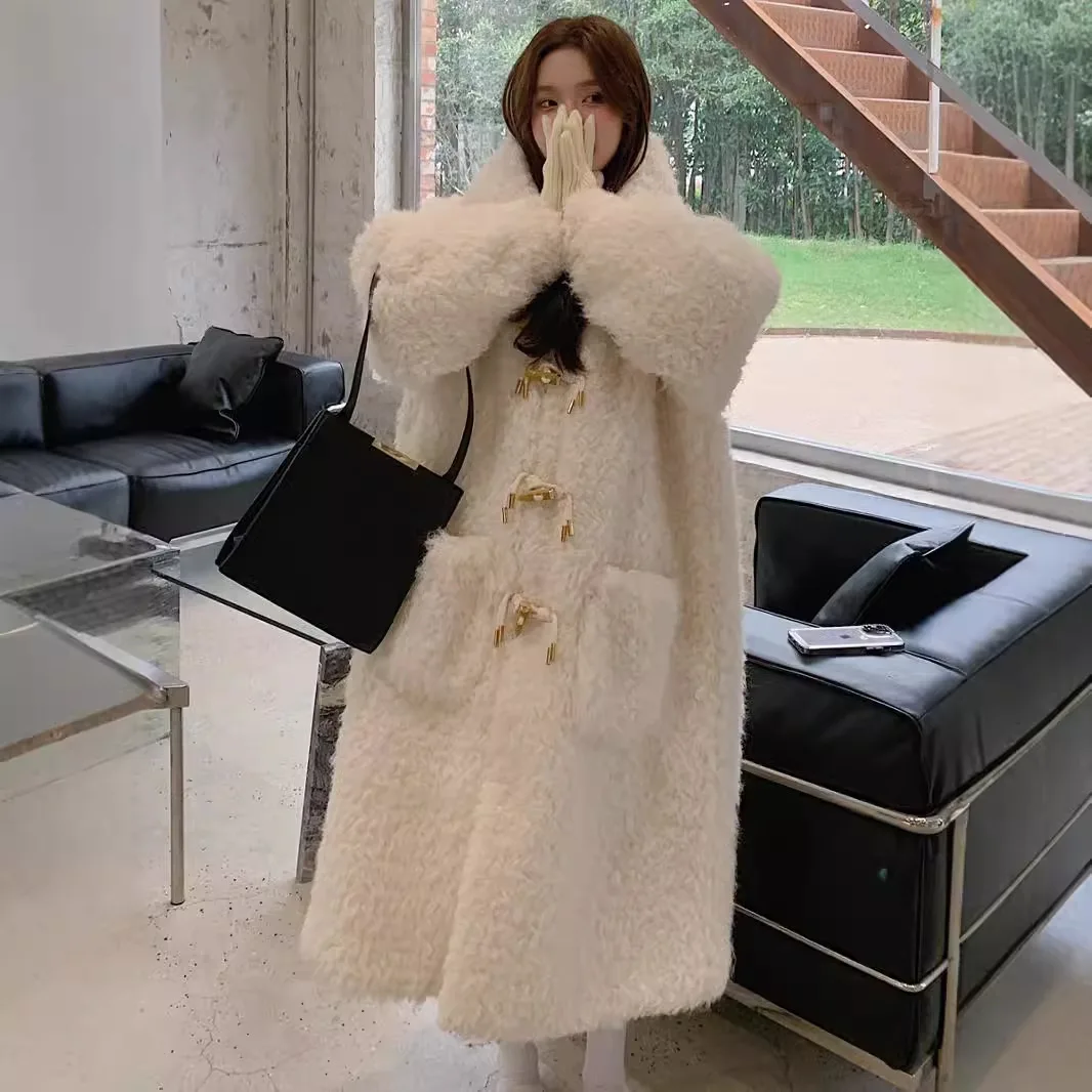 2025 Autumn Winter Jackets Women Faux Wool Fur Coats Y2k Long Overcoats Hooded Full Sleeves Single Horn Breasted Thick Loose