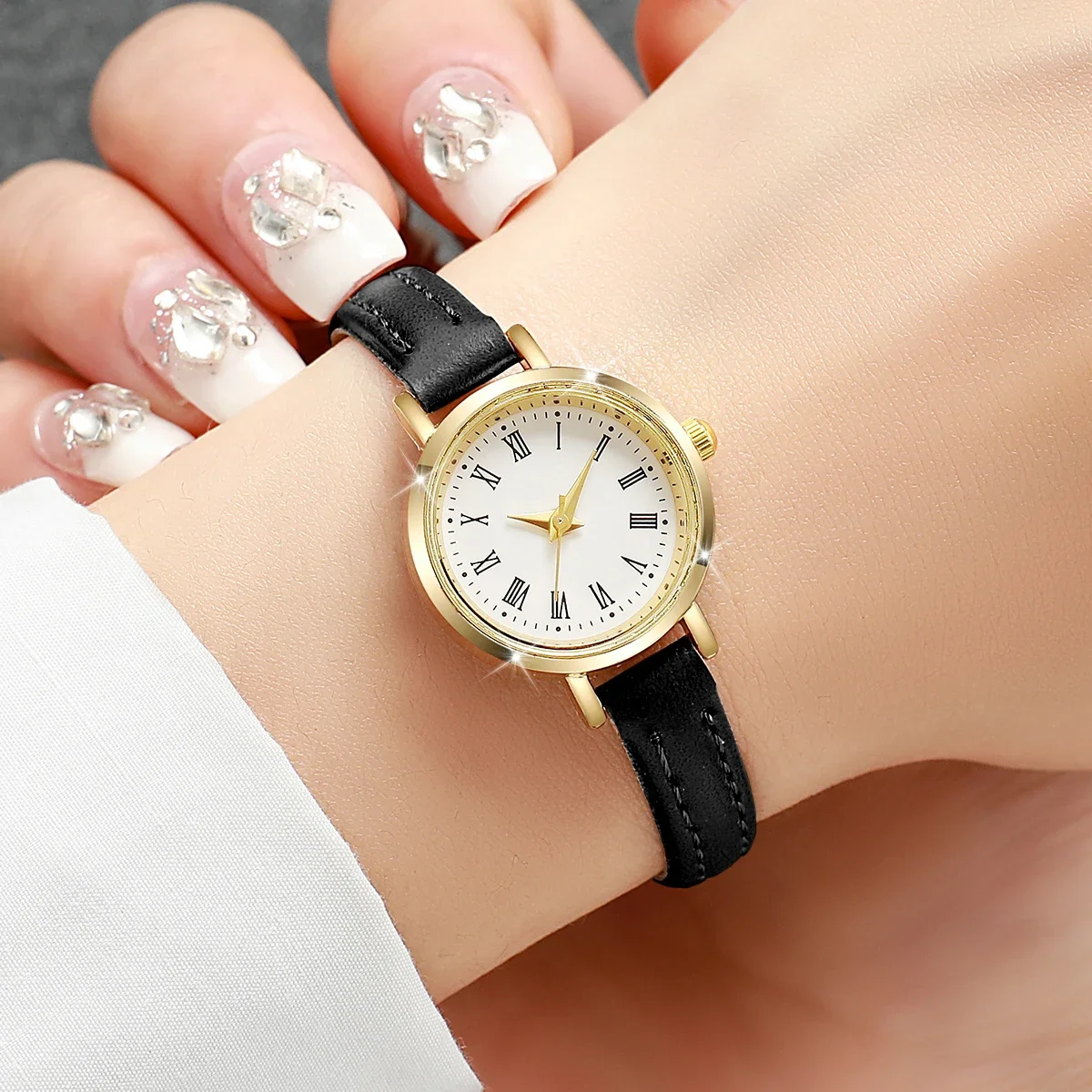 Delicate Retro Roman Numeral Small Round Gold Watch with Soft Leather Band for Daily Wear