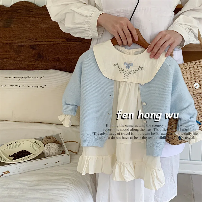 

【French Camellia First Love】Girls' Autumn Vintage Blue Cardigan Embroidered Cotton Spring and Autumn Dress Suit