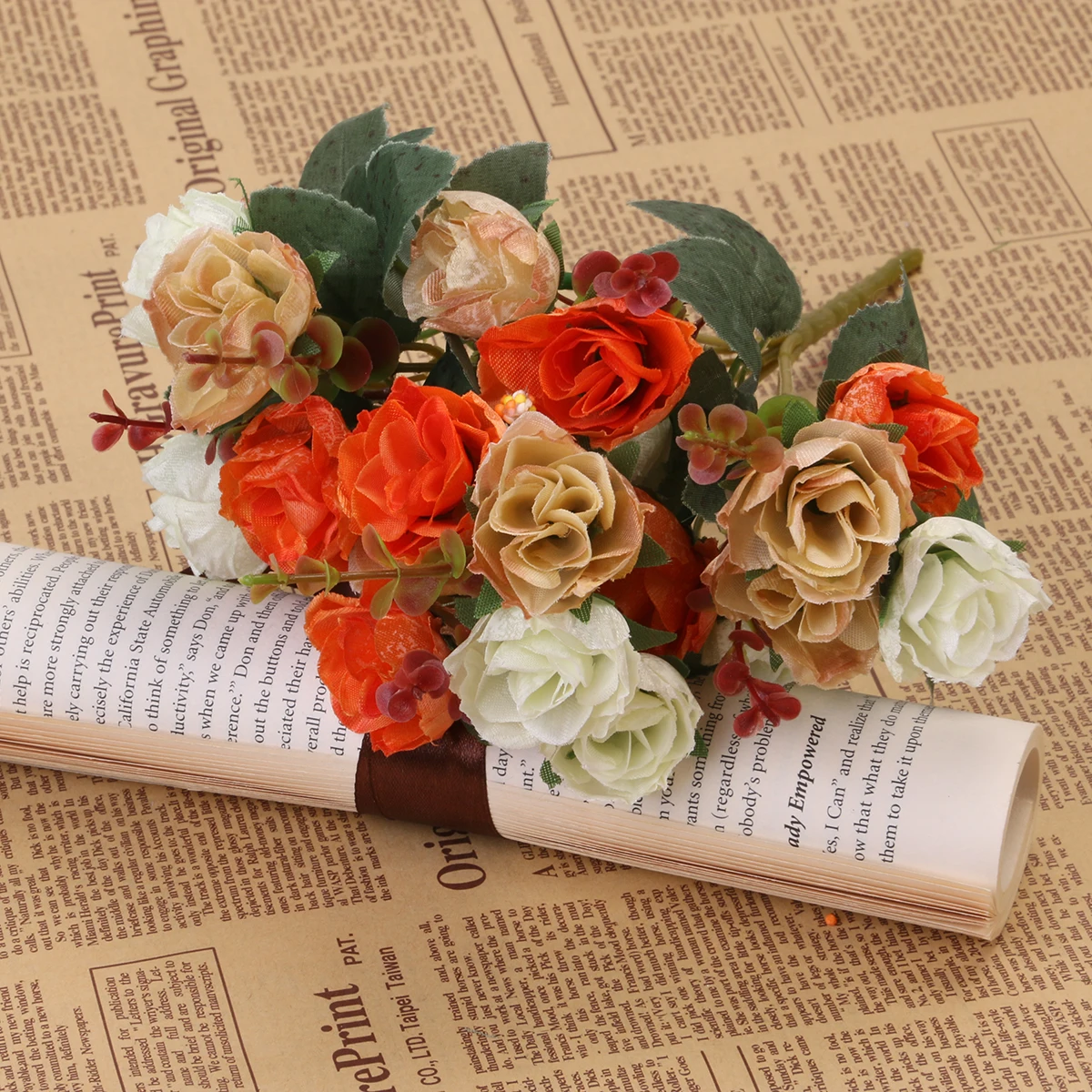 

Artificial Rose Flowers Bouquet Vintage Wedding Valentine'S Day Decoration Orange Reusable Flower Girl Basket Gift Table