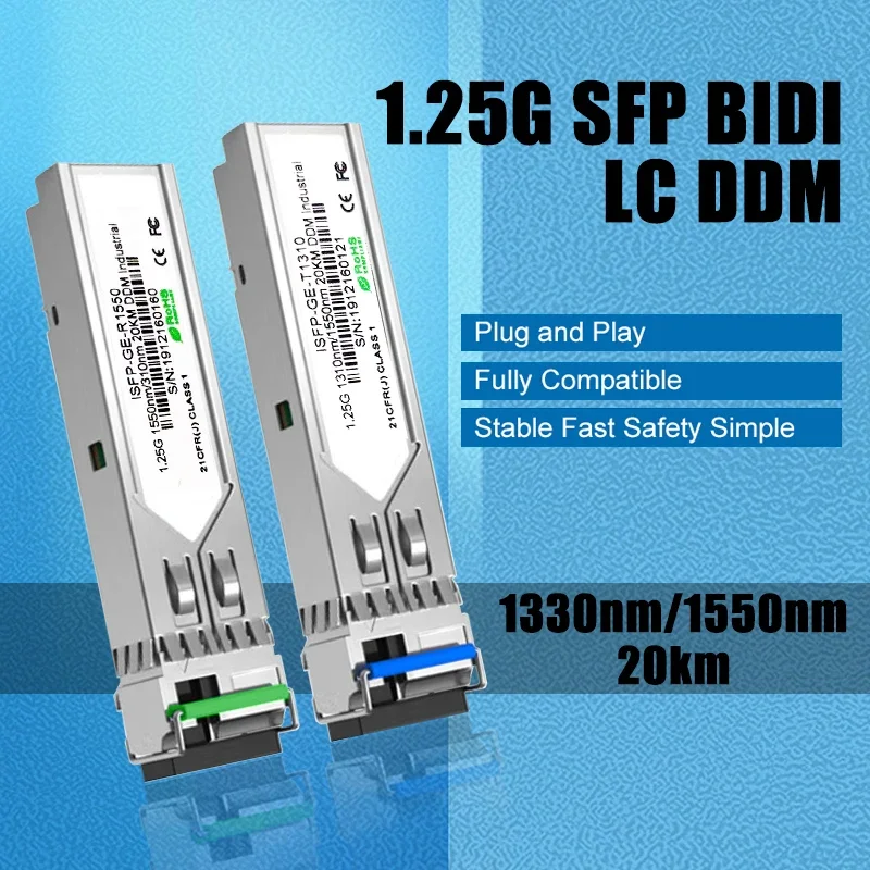 Single Mode Simplex Fiber Module, Compatible with Cisco, Mikrotik, Huawei Switch, 1.25G LC, 20KM, 1 Pair