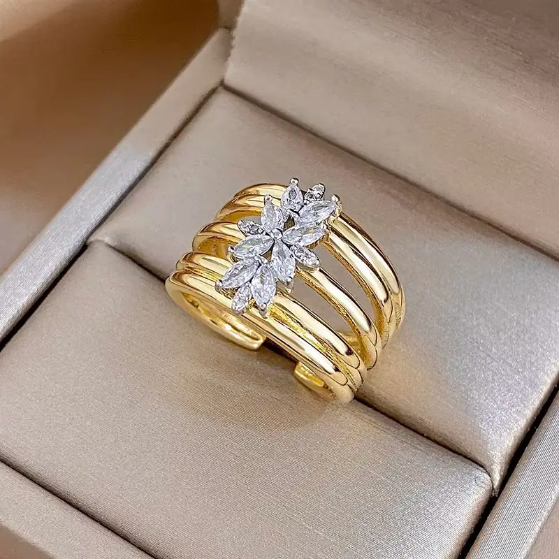 Freetry Luxury Multi-layer Golden Metal Copper Open Ring for Women Punk Shining Zircon Adjustable Wide Ring Lady Jewelry Gift