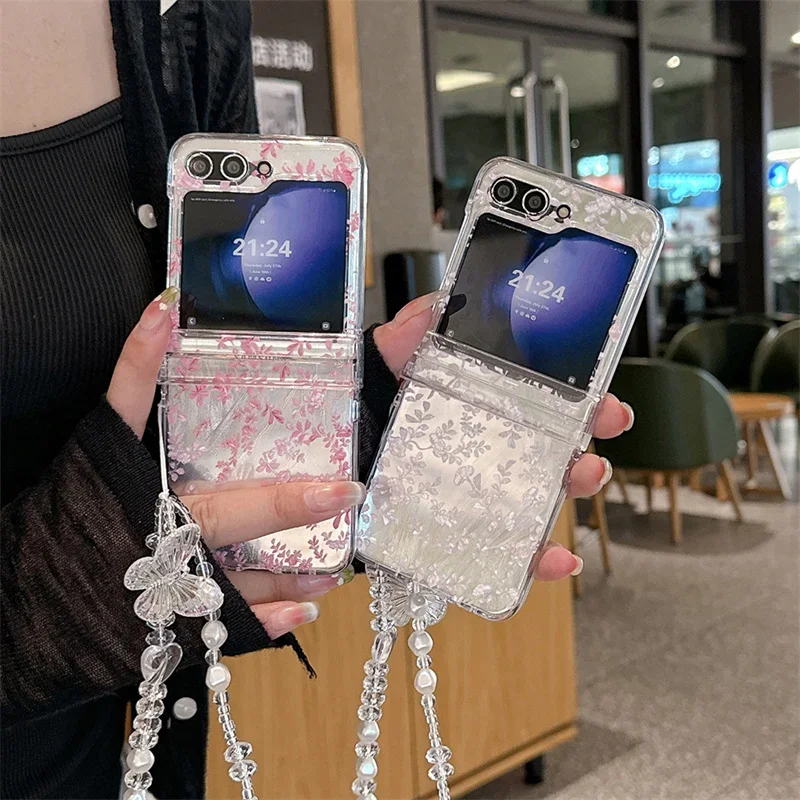 Untuk Samsung Galaxy Z Flip 6 3 4 5 casing Ins gelang kartu bunga casing penutup belakang PC keras untuk Samsung Z Flip5 ZFlip5