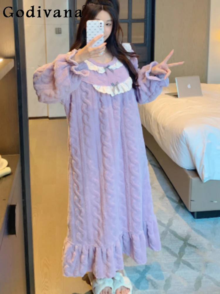 Pigiama da donna autunno inverno nuovo dolce girocollo con fiocco principessa camicia da notte in flanella manica lunga carino allentato riduzione dell'età