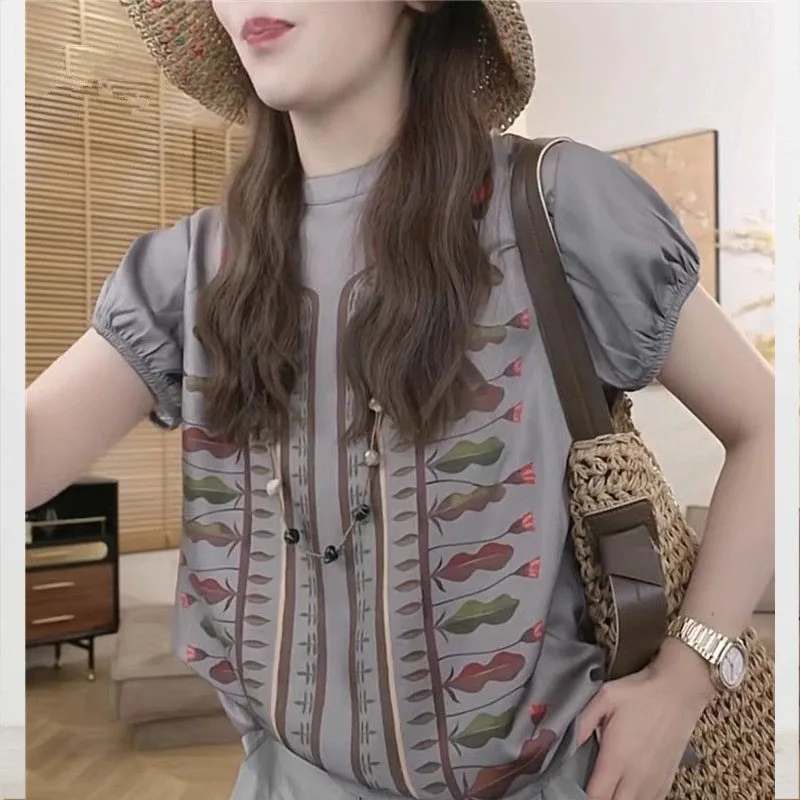 

Korean Pleated Round Neck Printing Vintage Short Sleeve Shirt Women 2024 Summer New Temperament All-match Fashionable Tops