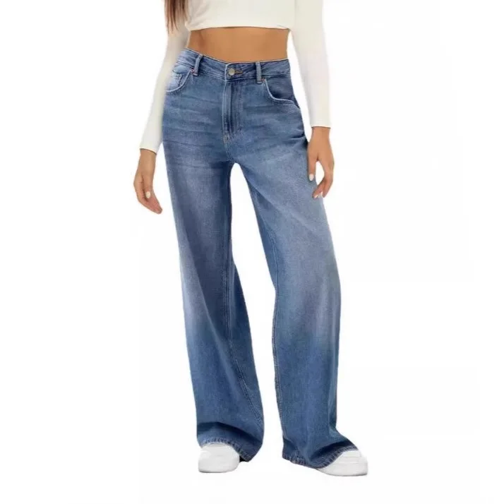 

High Waist Straight Leg Denim Jeans plus Size Women's Faionable Simple Commute Wide Leg Pants Quali Spring Ladies Jeans