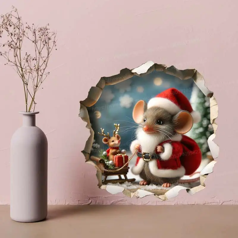 Christmas Mouse - Whimsical Mouse Hole Wall Decal Sticker - 3D Cute Home Decor Mural - Funny Holiday Mouse Design M1067